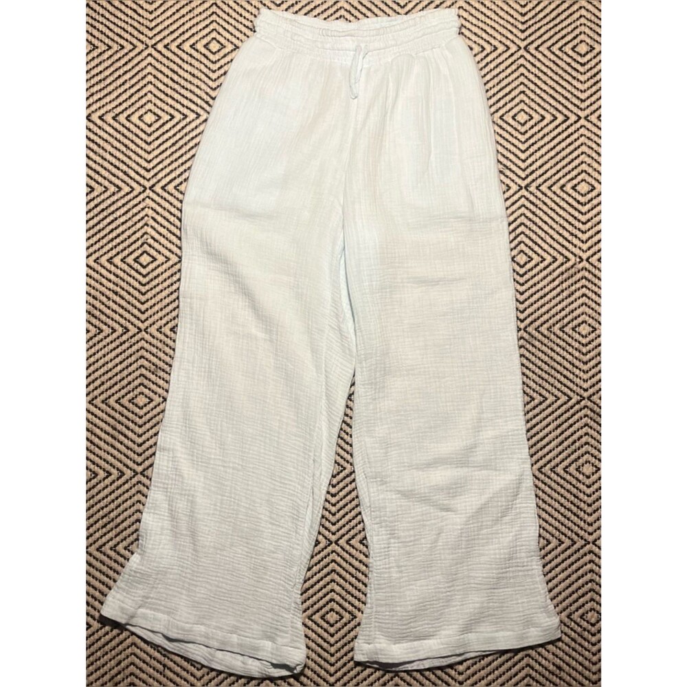 Light blue beach gauze 100% cotton drawstring elastic high waist pants